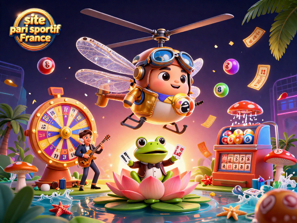 Découvrez le site paris sportif France avec un pilote de libellule, un croupier grenouille et des éléments de jeu colorés.