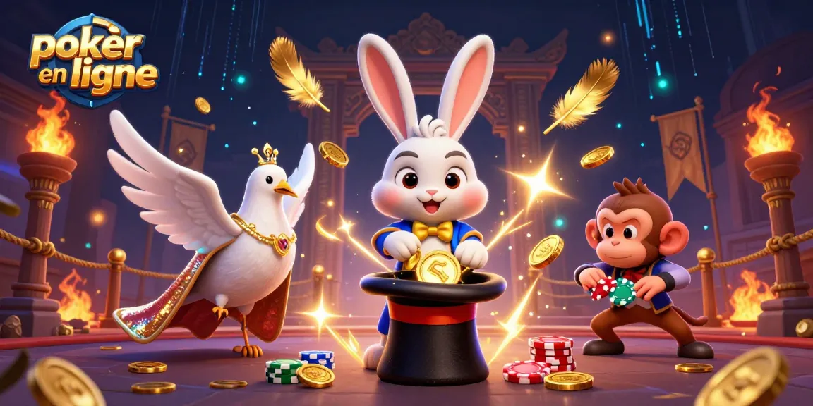 Jouez au poker en ligne avec un lapin magicien, une colombe glamour, et un singe rusé subtilisant des jetons.