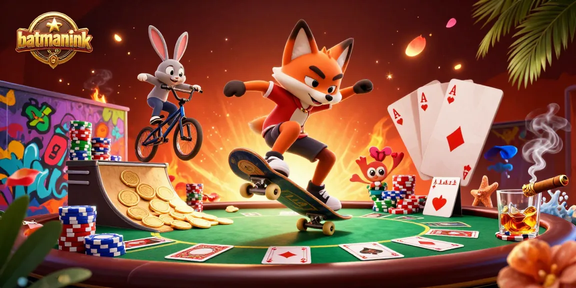 Experience thrilling gameplay with batmanink featuring a fox skating over golden poker chips.