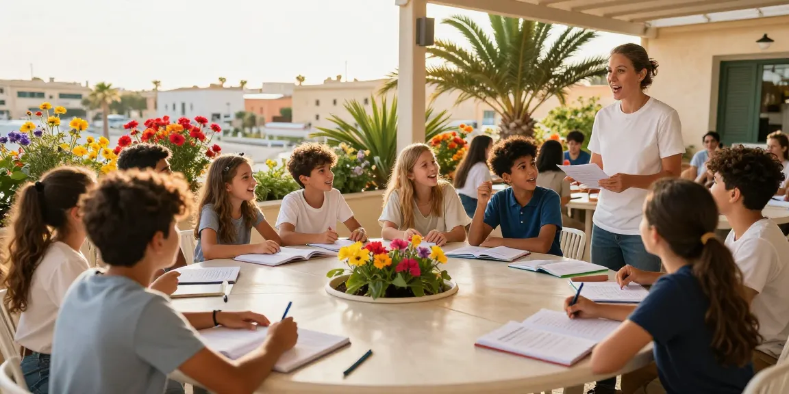 Fesselnde Englischkurse in Malta mit Studenten, die unter einer sonnigen mediterranen Atmosphäre im Freien lernen.
