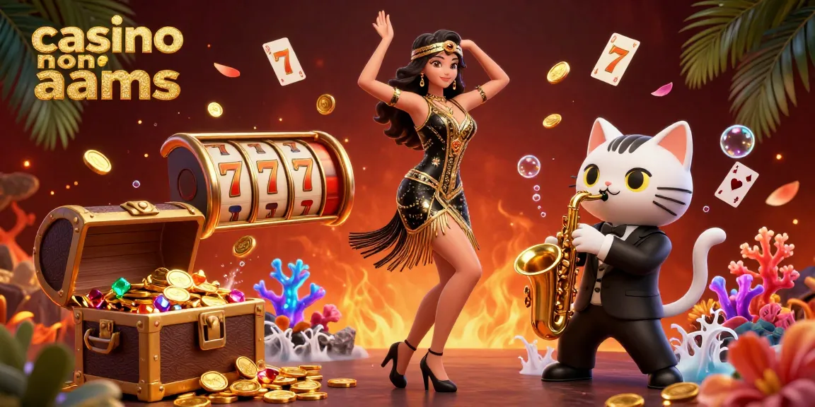 Scena di danza coinvolgente di un personaggio straordinario in un abito flapper e un gatto che suona il sassofono, promuovendo l'intrattenimento dei casino non aams con elementi colorati di casinò.