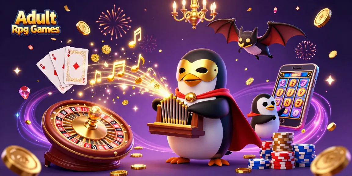 Strike gold with Adult Rpg Games as a penguin plays a magical organ amidst dazzling casino elements.