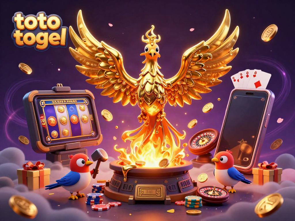 Win big with toto togel as a golden phoenix rises among vibrant gaming elements.
