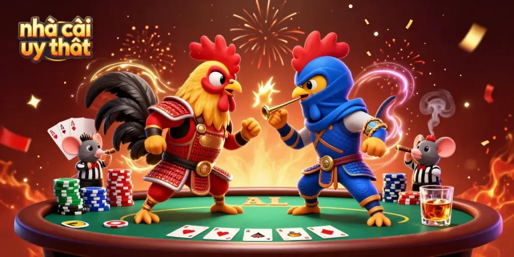 Engaging scene of twin roosters in samurai and ninja outfits facing off, surrounded by poker and casino elements, symbolizing nhà cái uy tín.
