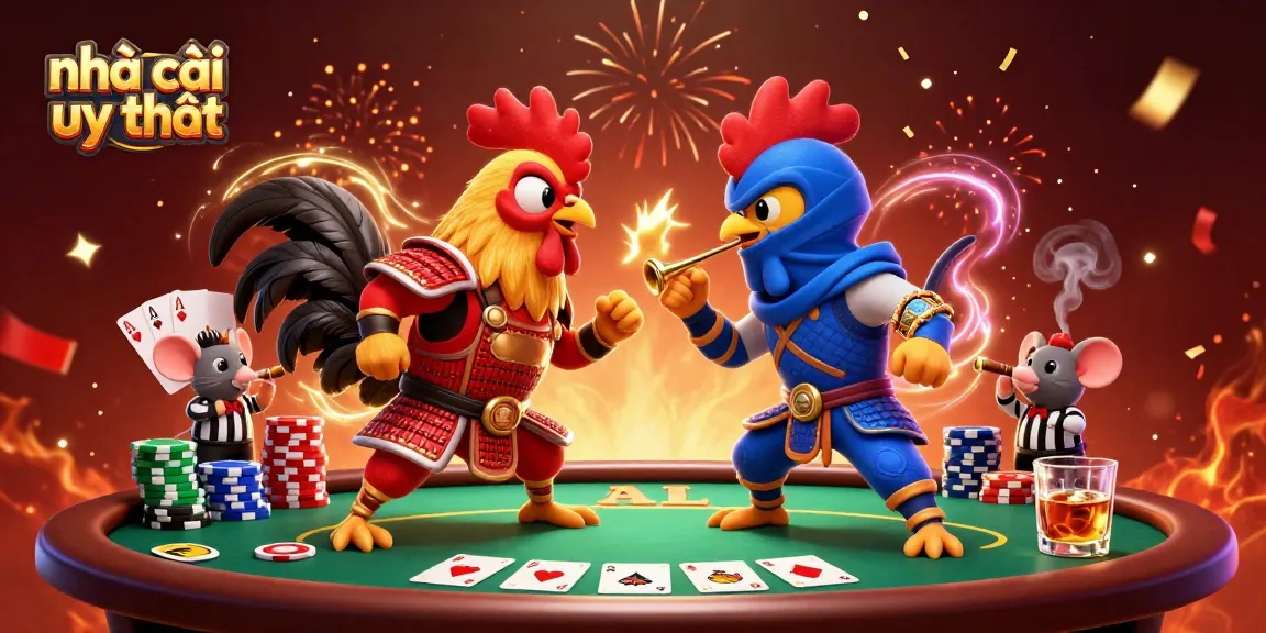 Engaging scene of twin roosters in samurai and ninja outfits facing off, surrounded by poker and casino elements, symbolizing nhà cái uy tín.