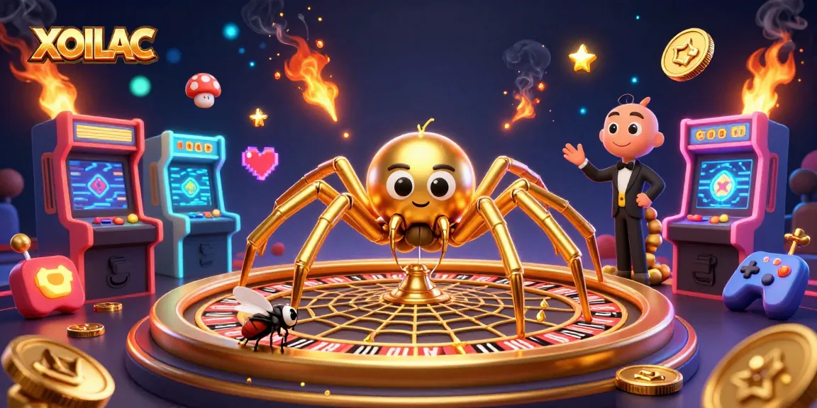 Experience thrilling betting actions at XOILAC with a dynamic illustration of a spider croupier spinning a roulette web.