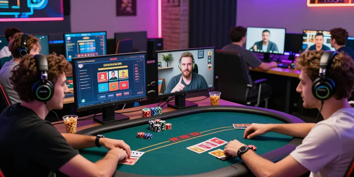 Dewapoker Live Jackpot players enjoying exciting online gambling experience with colorful gaming setups and camaraderie.