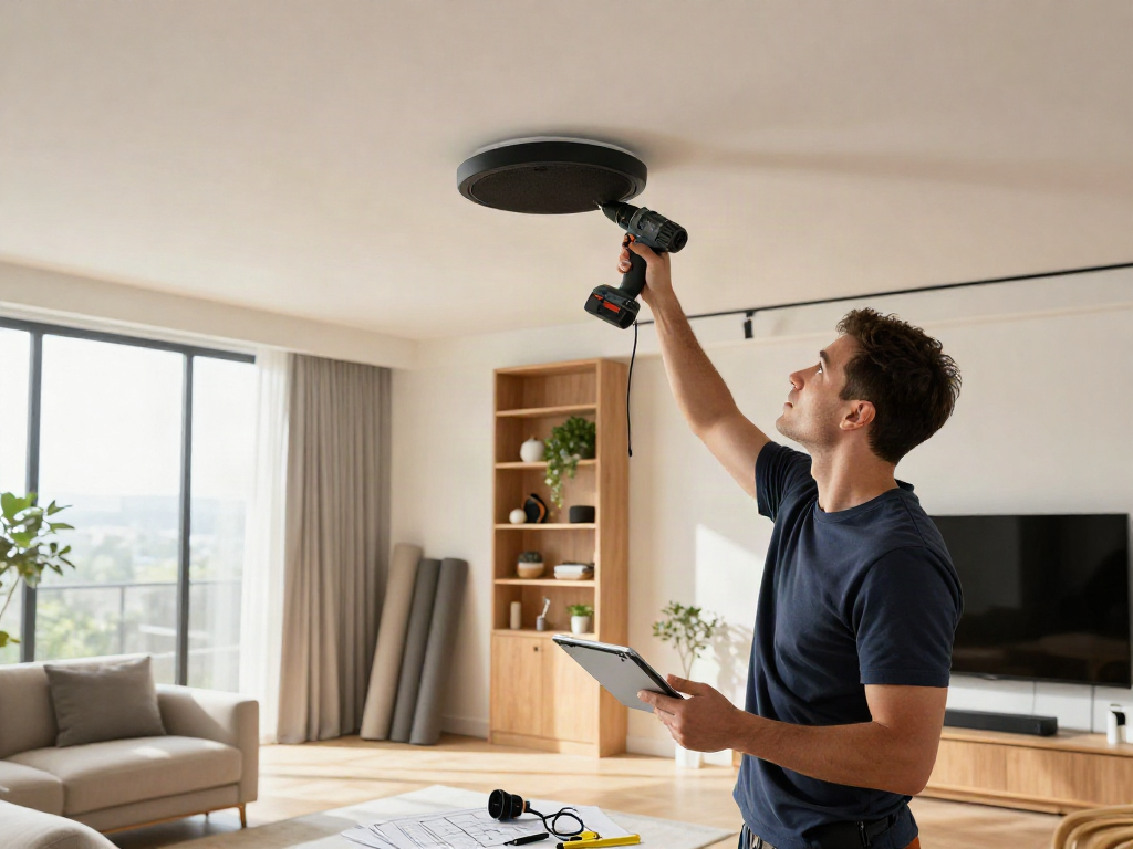 خرید اسپیکر سقفی installation in modern living room with technician and tools.