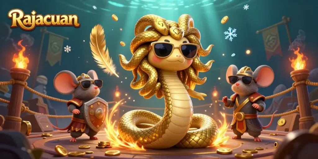 Spin and win with Rajacuan's vibrant slot reels and Medusa-themed characters in a dynamic casino scene.