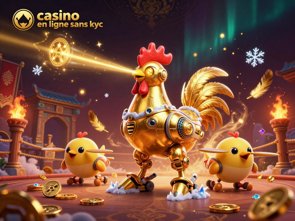 Illustration 3D de "casino en ligne sans kyc" avec des éléments de jeu et un robot coq futuriste.