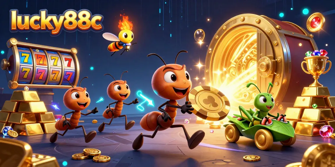 Join the lucky88c heist with animated ants carrying a giant poker chip in a vibrant casino scene.