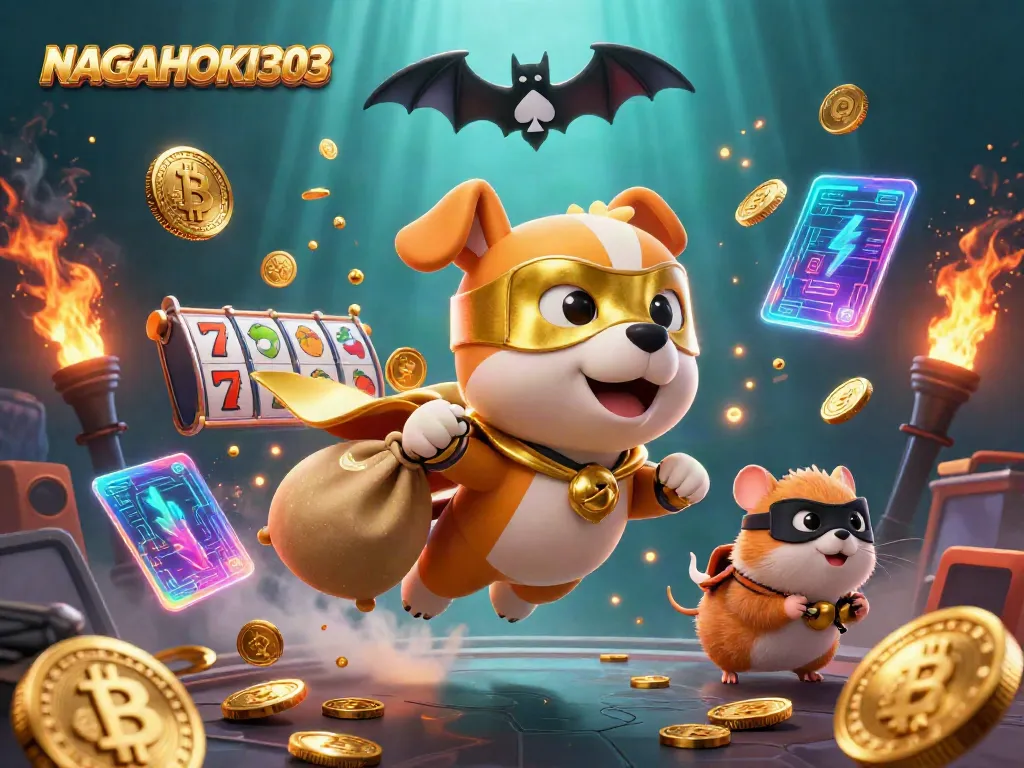 Menemani NAGAHOKI303, superhero anjing terbang menangkap koin emas di dunia slot yang penuh warna.