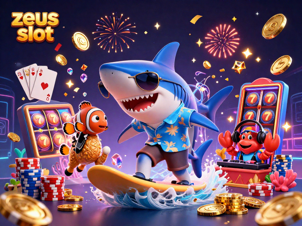 Immerse in zeus slot excitement with vibrant 3D characters amidst cascading gold coins and slot reels.