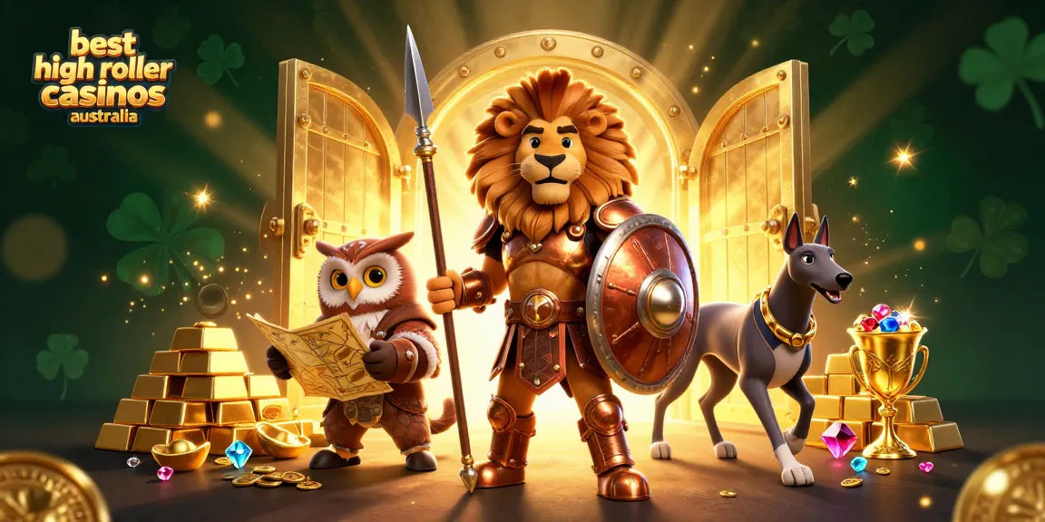 Spin and win at the best high roller casinos Australia, featuring vibrant 3D casino characters and treasures.