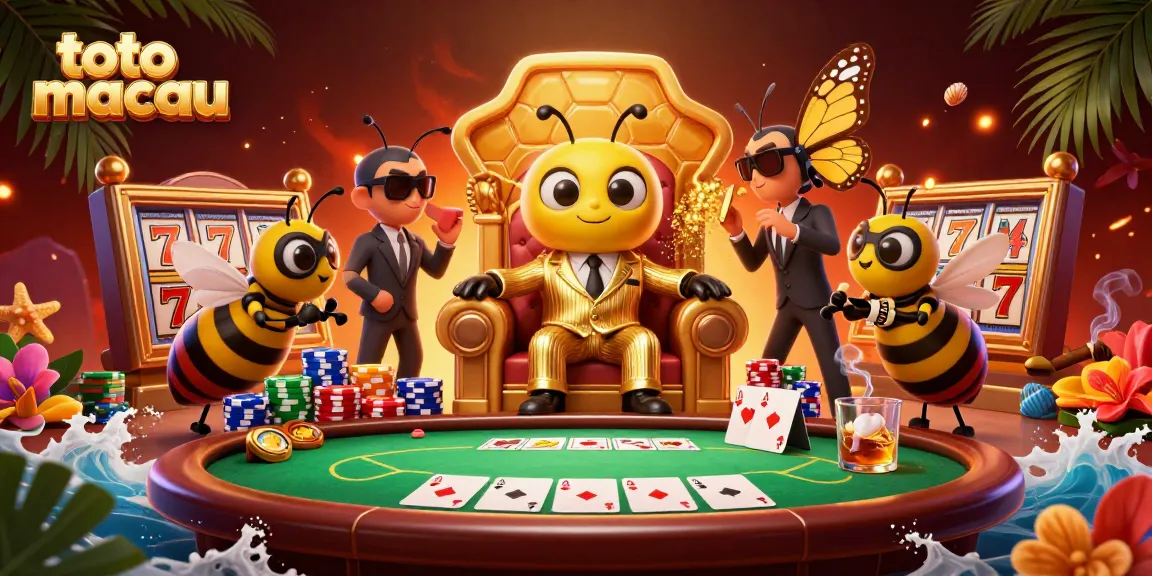 Toto Macau gambling scene featuring a bumblebee mob boss, poker chips, and slot elements.