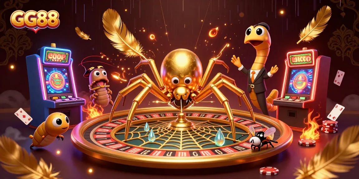 Experience thrilling betting at GG88 with a golden spider, roulette wheel, and centipede dealer in a vibrant casino scene.