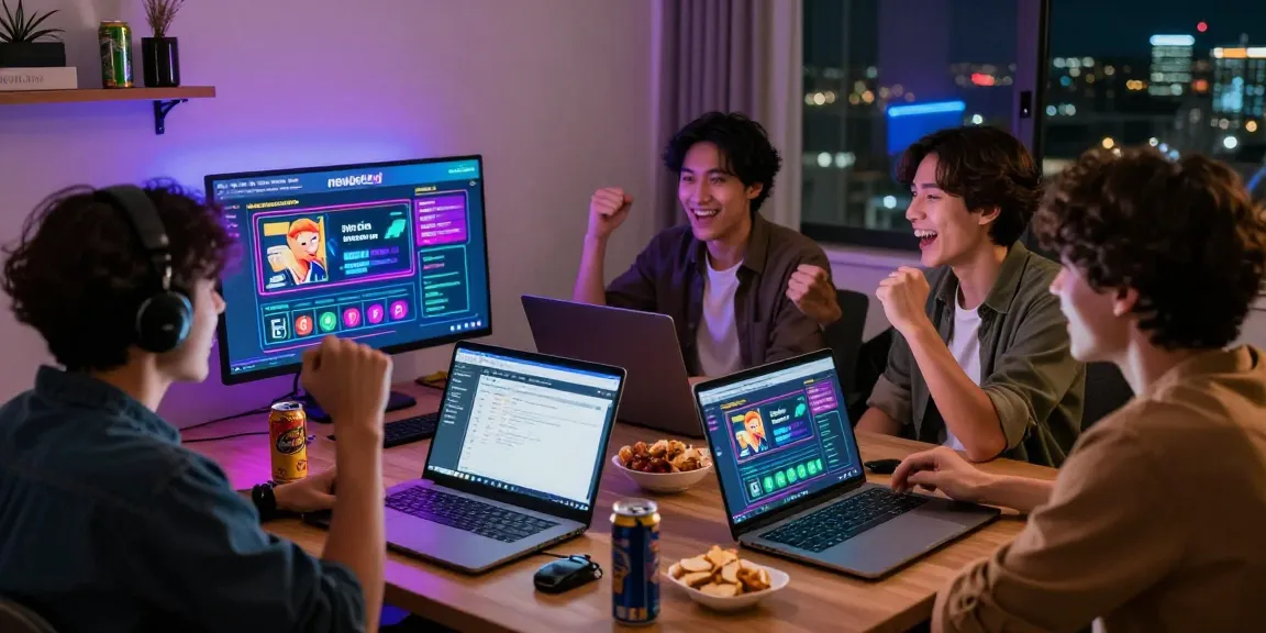 Friends enjoying an exciting gaming session on newbet4d, with vibrant graphics and modern decor.