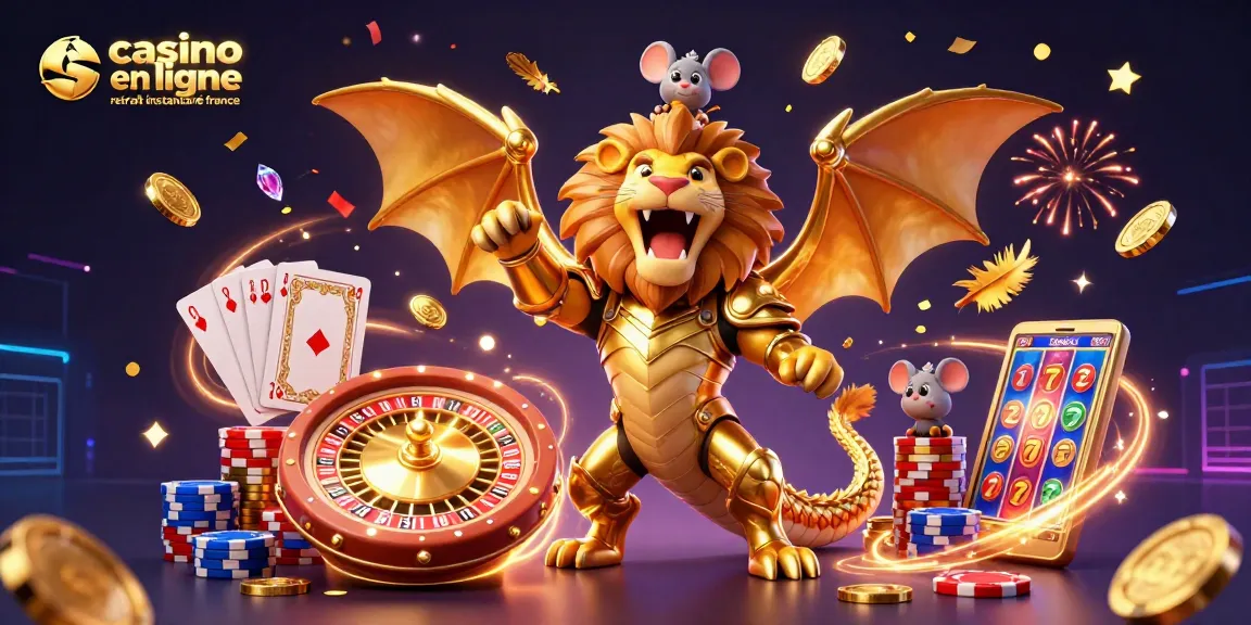 Illustration dynamique représentant un casino en ligne retrait instantané france avec des personnages fantastiques, jetons et gains éclatants.