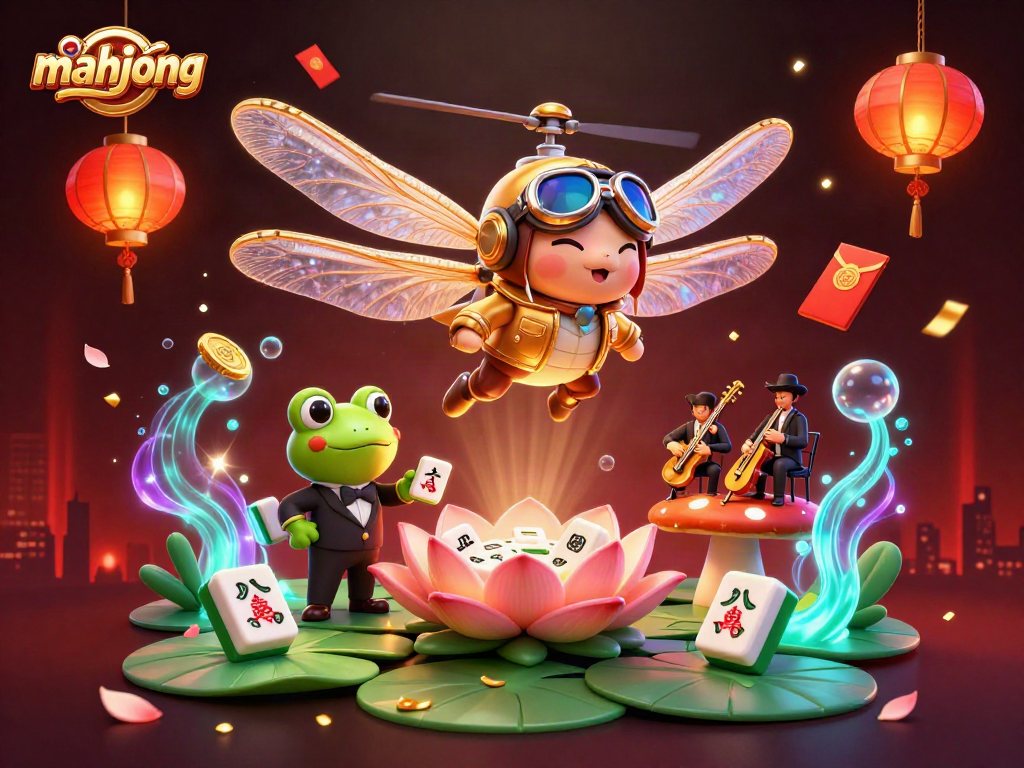 Engage in lively mahjong gameplay with a unique 3D casino scene featuring entertaining characters.