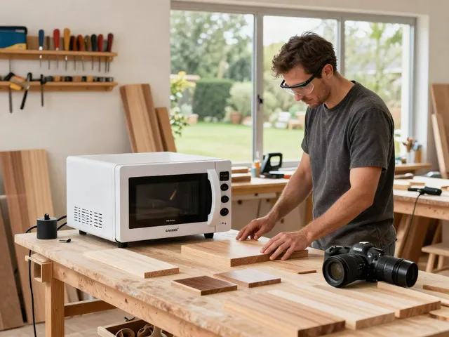 SHASHEL® microwave equipment in a bright woodworking shop treating wood, showcasing eco-friendly insect elimination.