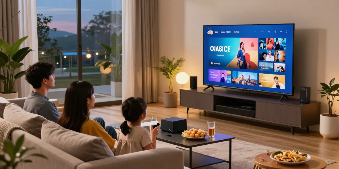 Expérience IPTV dans un salon moderne, famille profitant de la télévision à écran plat.