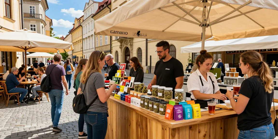 Where Can I Buy Top Quality Weed In Prague? Approved Guide features a vibrant dispensary scene with customers exploring cannabis products.