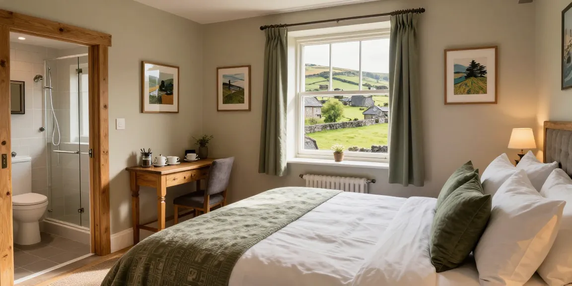Inviting guesthouse Skipton room with cozy bed and beautiful Yorkshire Dales view, perfect for travelers.