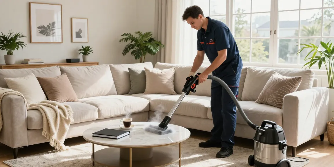 Expert professional couch cleaning in a bright home, showcasing a technician's precise steam cleaning.