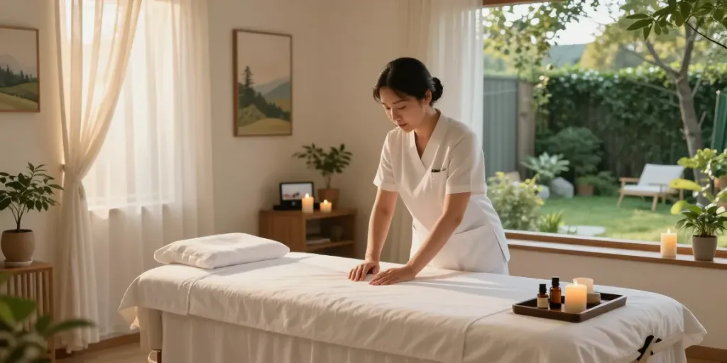 Relaxing 금천구출장안마 session setup featuring a calm massage room with soothing decor and ambiance.