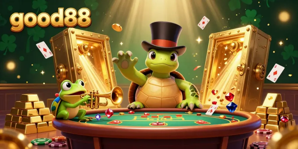 Engage with the vibrant world of good88 through a lively 3D casino scene featuring a turtle dealer and a frog entertainer.