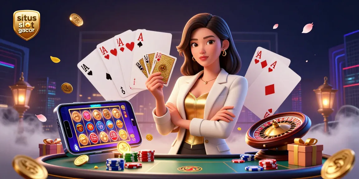 situs slot gacor showcasing an Asian businesswoman with gaming elements representing thrilling casino experiences.