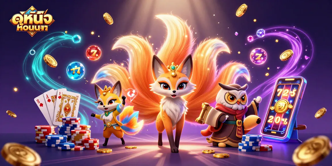 Engage with ดูหนังออนไลน์ as you experience an enchanting scene of a nine-tailed fox and wise owl amidst colorful gambling treasures.