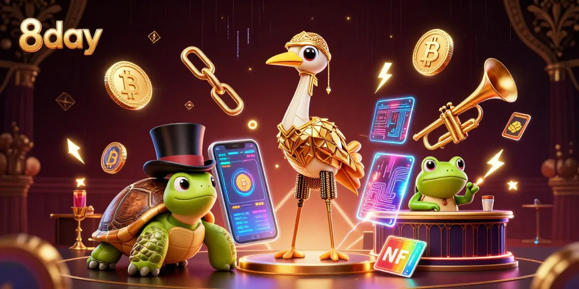 Experience thrilling games at 8day with vibrant animations, cryptocurrency symbols, and engaging characters in a casino atmosphere.