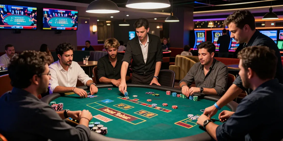 Exciting scene of players at an Andar Bahar live casino table with real dealers, vibrant atmosphere, and colorful chips.