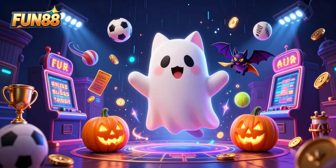 Engage with FUN88's thrilling betting experience featuring a ghost cat in a dynamic casino scene.