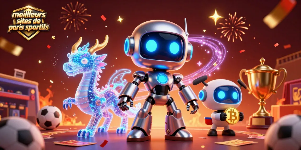 Animation de personnages futuristes célébrant les meilleurs sites de paris sportifs avec des confettis et des éléments de paris.
