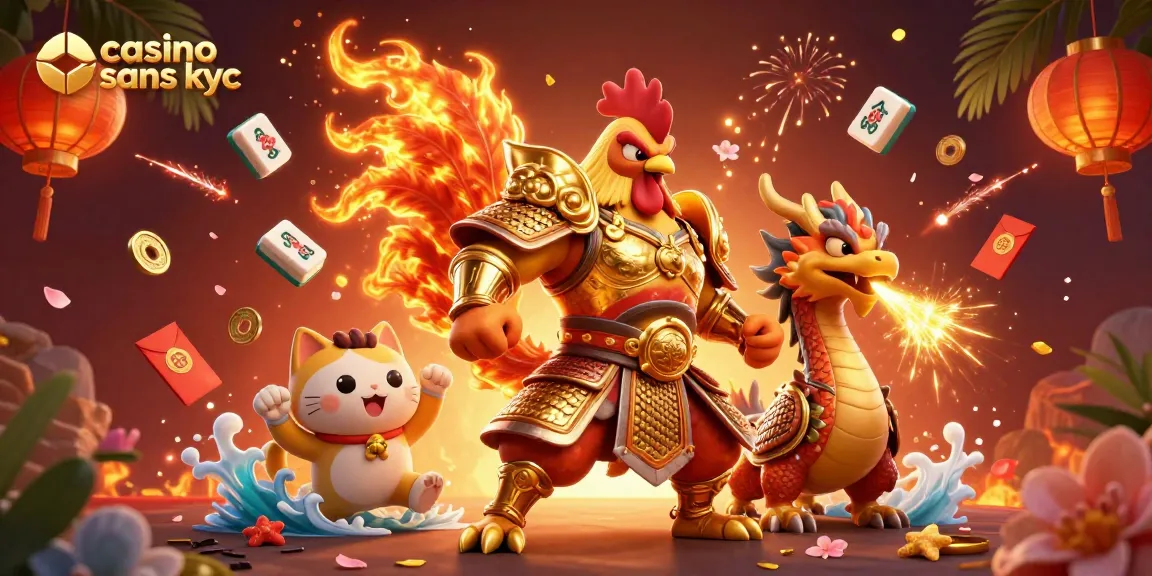 Jouez à casino sans KYC avec une illustration dynamique de personnages colorés et éléments de jeu.