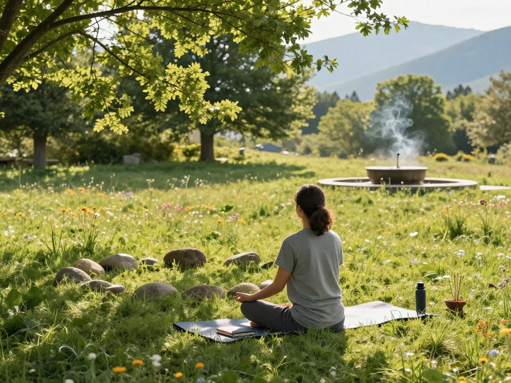 Practicing mantra 88 meditation in a tranquil outdoor setting surrounded by nature.