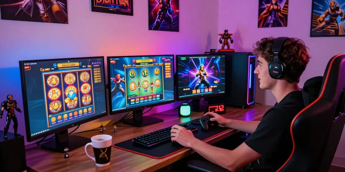 Exciting gaming scene featuring a player enjoying slot games with สล็อต เครดิตฟรี วอ ล เล็ ท, showcasing vibrant interfaces and a dynamic setup.