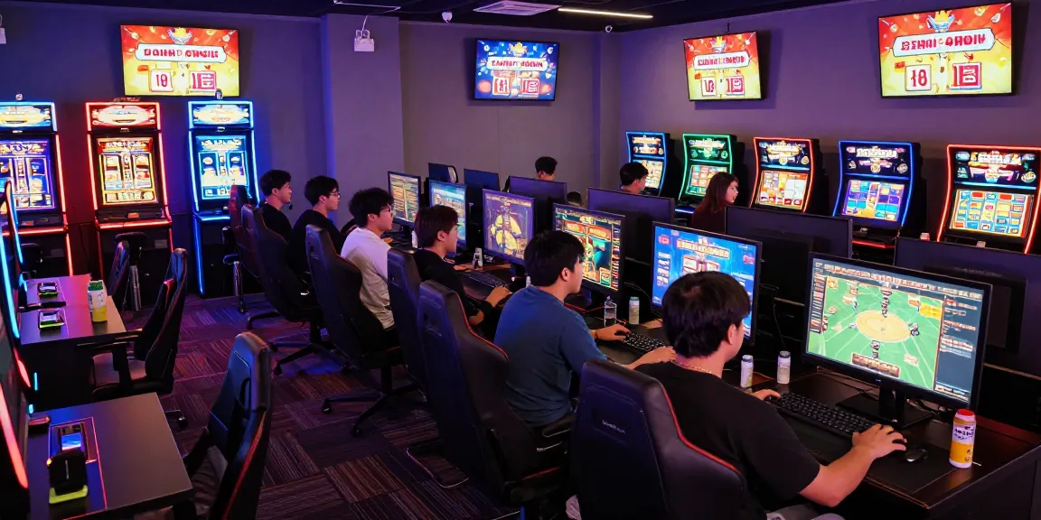 Situs Resmi Dominobet brings excitement in a vibrant online gaming café with players enjoying casino games.