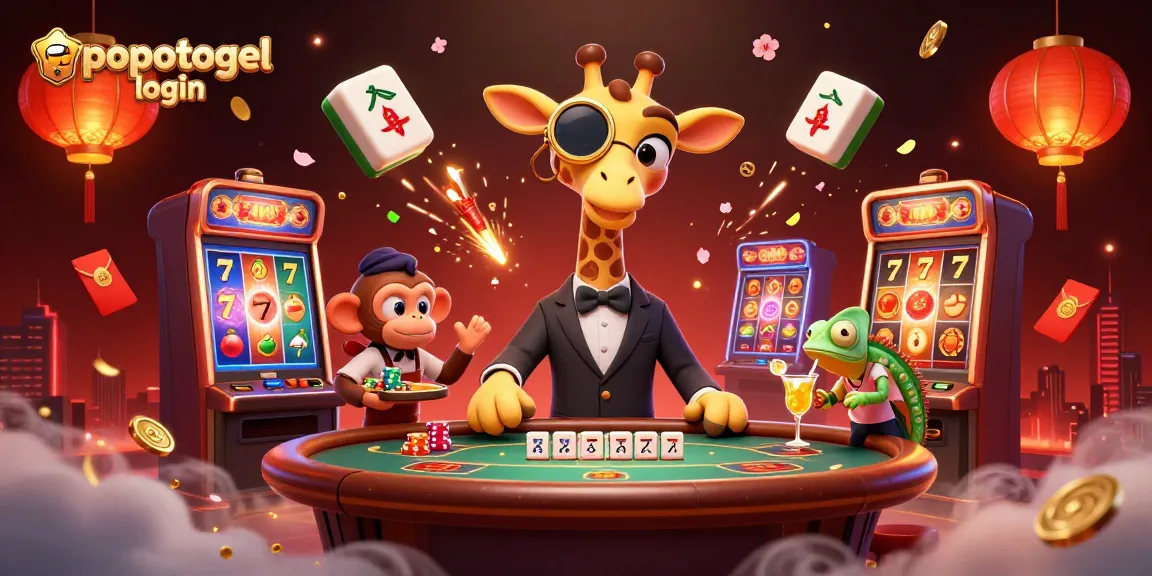 Experience the popotogel login with a vibrant and dynamic casino scene featuring a high-roller giraffe and lively game elements.