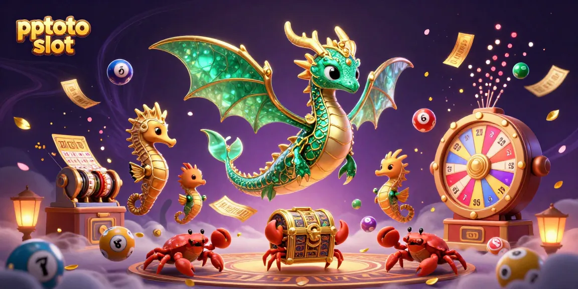 PPTOTO slot features a vibrant 3D sea dragon surrounded by colorful casino elements and magical effects.