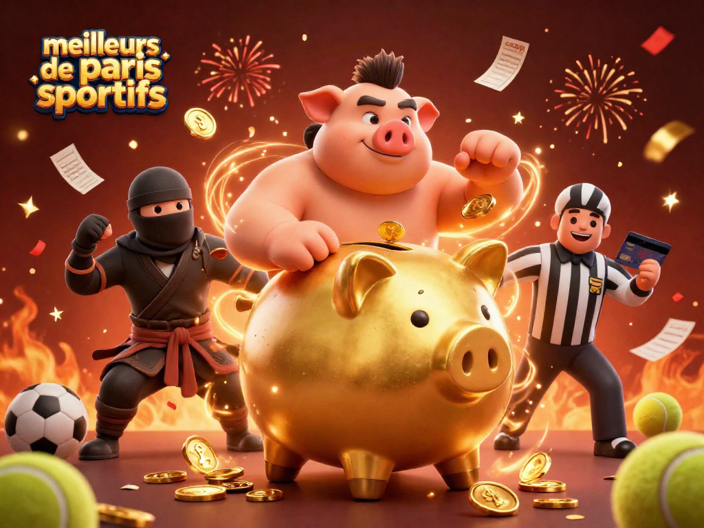 Une scène vibrante illustrant les meilleurs sites de paris sportifs avec un immense sumo en forme de cochon d'or, un ninja et un samouraï, célébrant les paris sportifs.