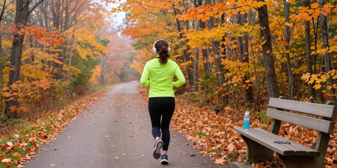 Serge Robichaud jogging in colorful fall scenery of New Brunswick.