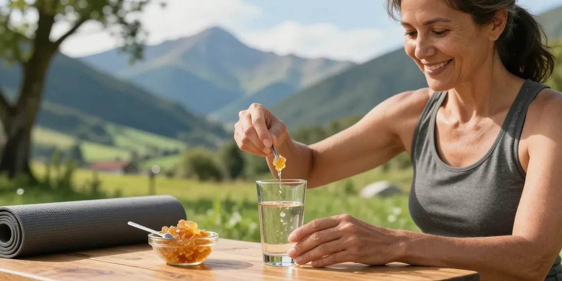 Enjoying the benefits of the best shilajit in Australia, a woman dissolves shilajit resin in water amidst a beautiful Himalayan landscape.