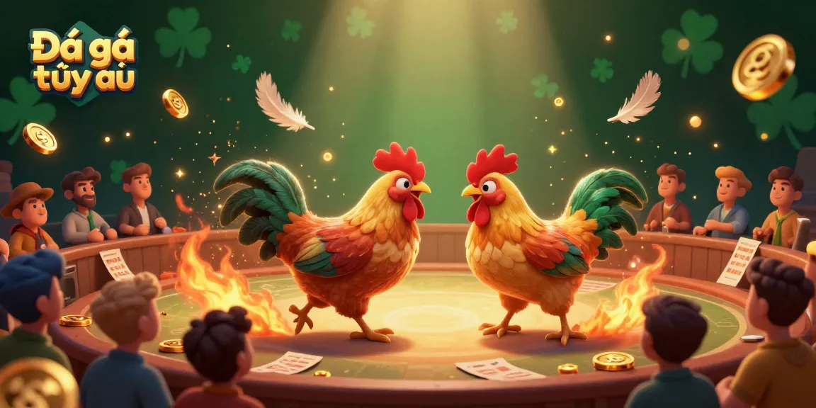 Watch Đá gà trực tiếp battles in a lively arena with animated chickens and dynamic gaming coins.