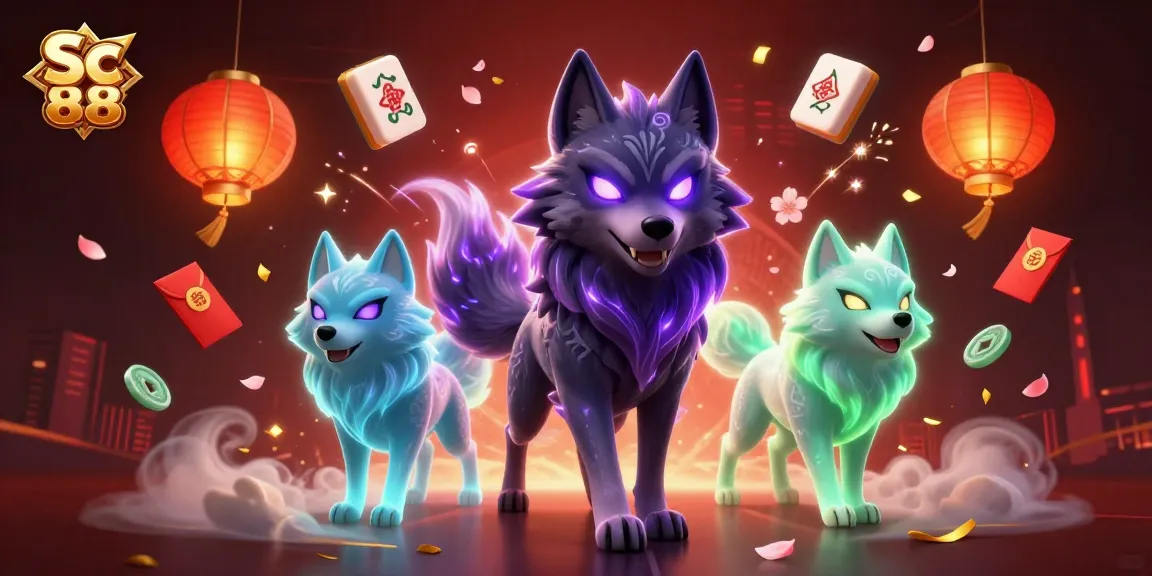 Experience the thrill of Sc 88 with 3D cartoon wolves and floating casino elements.