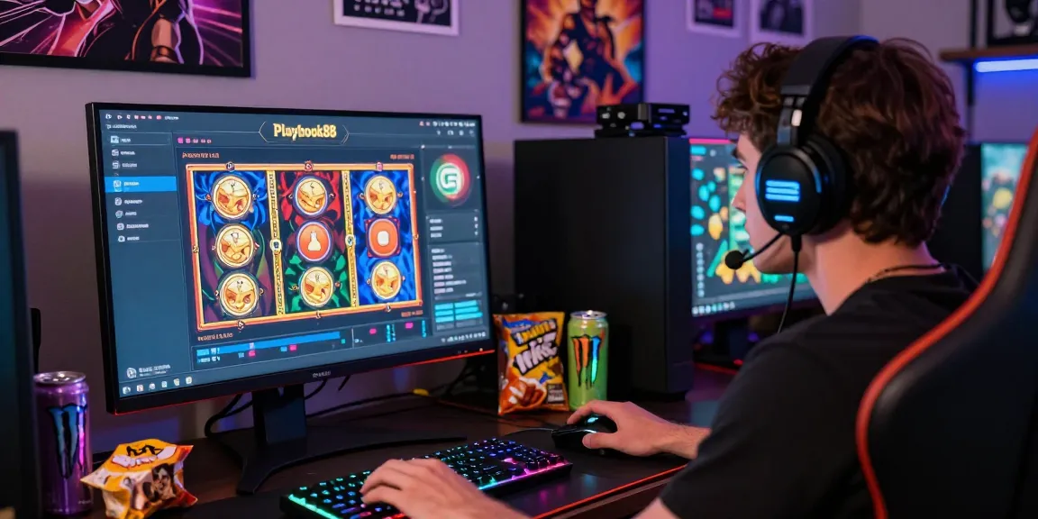 Playbook88 online gaming experience showcasing vibrant slot games and a focused player in a cozy gaming room.