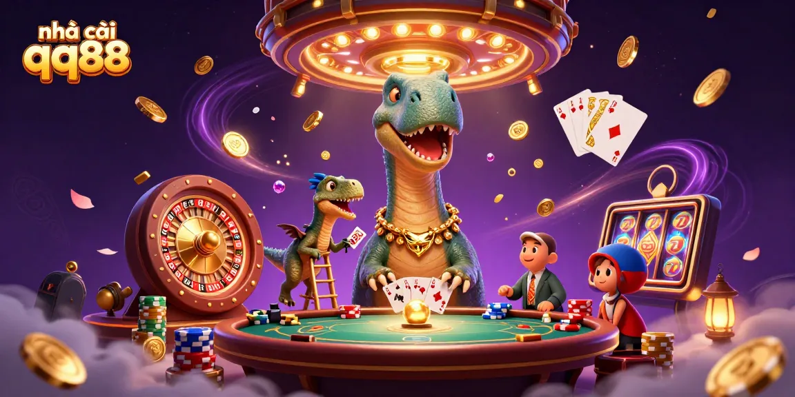 The lively scene at nhà cái qq88 features a tall brontosaurus above a poker game with a raptor dealer amidst vibrant casino elements.