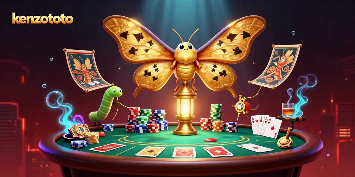 Engage with kenzototo's thrilling casino atmosphere featuring a vibrant moth and poker visuals.